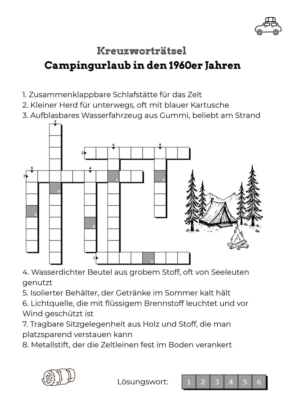 Kreuzworträtsel: Campingurlaub in den 1960ern