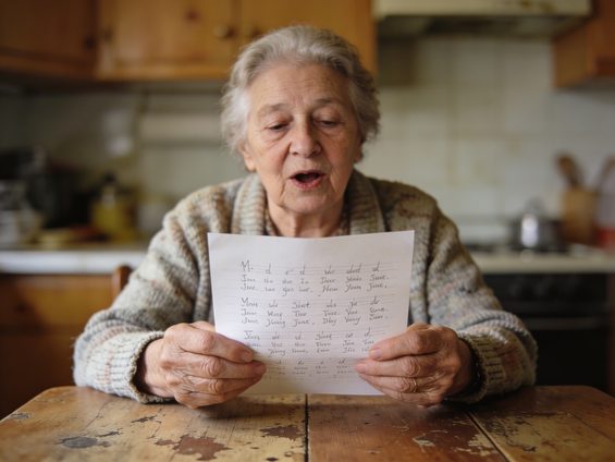 Frau singt und hält Liedtext in Händen — nostalgisches Gedächtnistraining