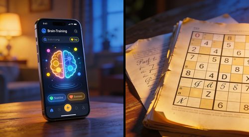 Gegenüberstellung: Smartphone-App vs. Kreuzworträtselheft