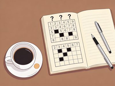 Rätselheft mit Stiften und Kaffee auf dem Tisch